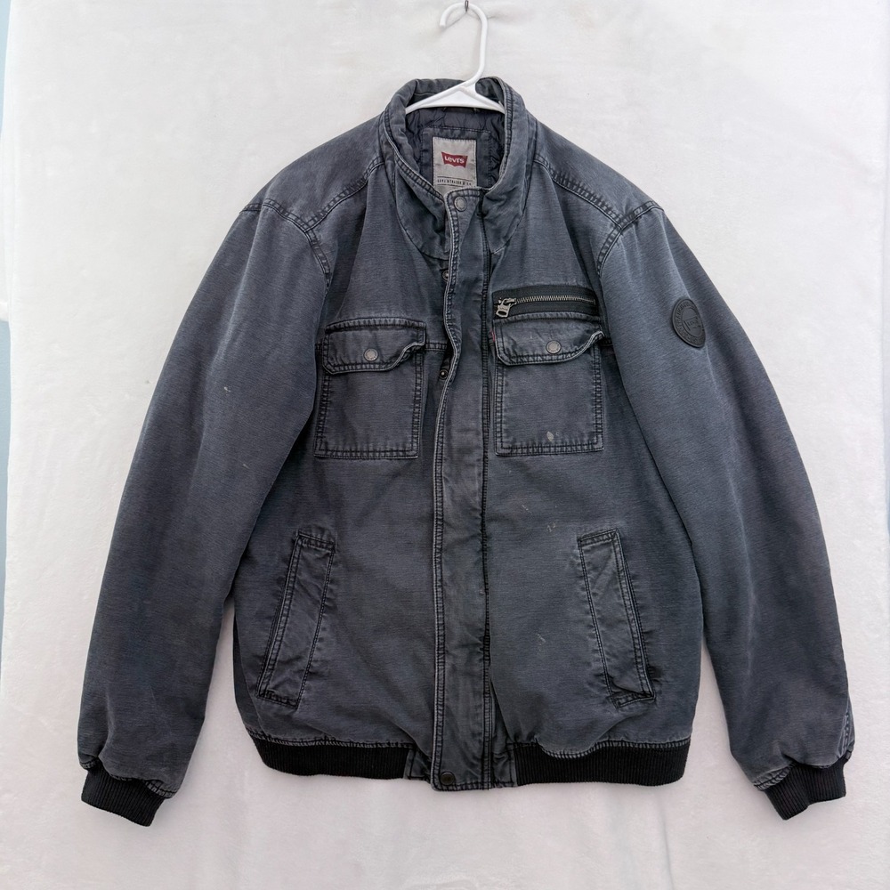 Levis Bomber Jacket Mens L Gray Full Zip Military Quilted Line